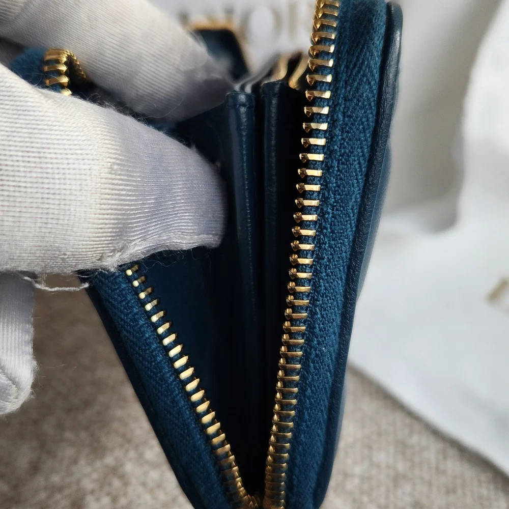 Dior Blue Quilted Leather Zip Key Pouch with Gold Charm